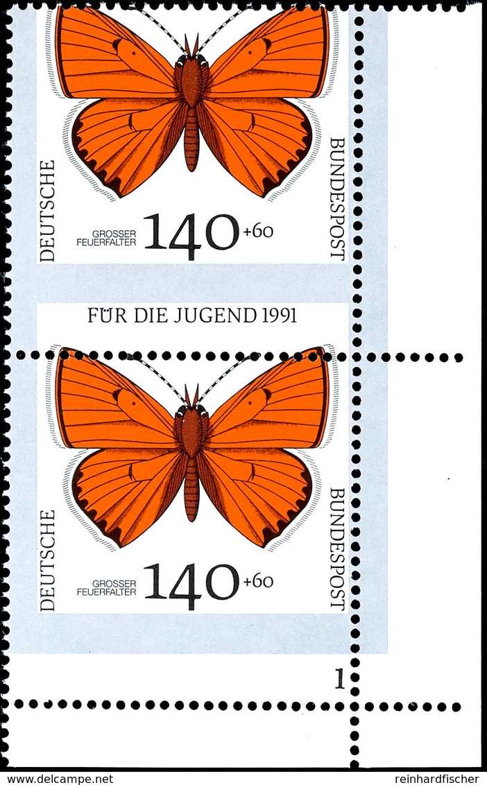 140 Pfg "Für Die Jugend 1991 - Schmetterlinge", Abart "verzähnt", Senkr. Paar Vom Eckrand Unten Rechts Mit Formnummer "1 - Autres & Non Classés