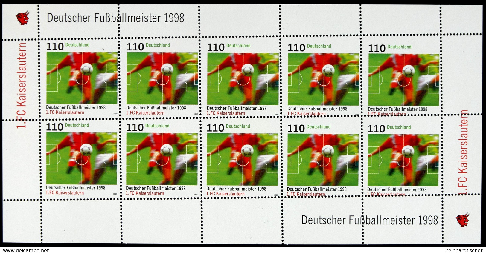 110 Pfg "Deutscher Fußballmeister 1998 - 1. FC Kaiserslautern", Kleinbogen, Dekorativ Verzähnt, Postfrisch., Katalog: 20 - Other & Unclassified