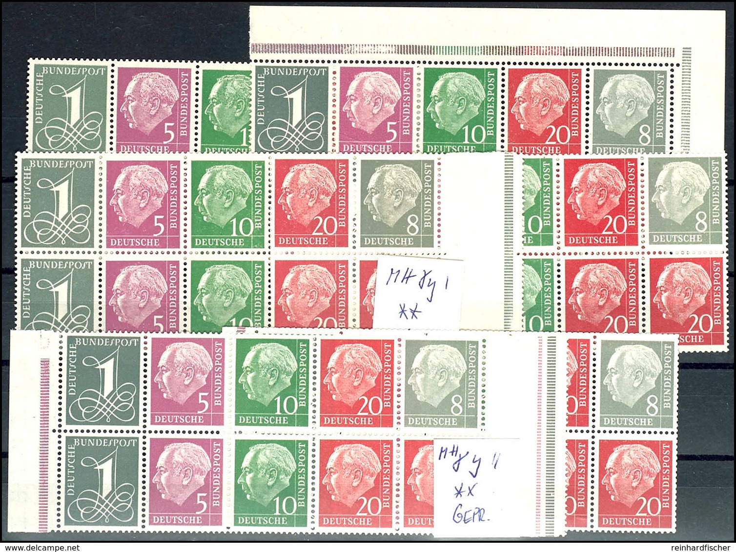 Heuss 1960, Liegendes Wz., Type I Und II, Je 3 Heftchenblätter (Type I Ohne Rand), Teils Auf Bogen Mit ZW, 1mal Bogeneck - Andere & Zonder Classificatie