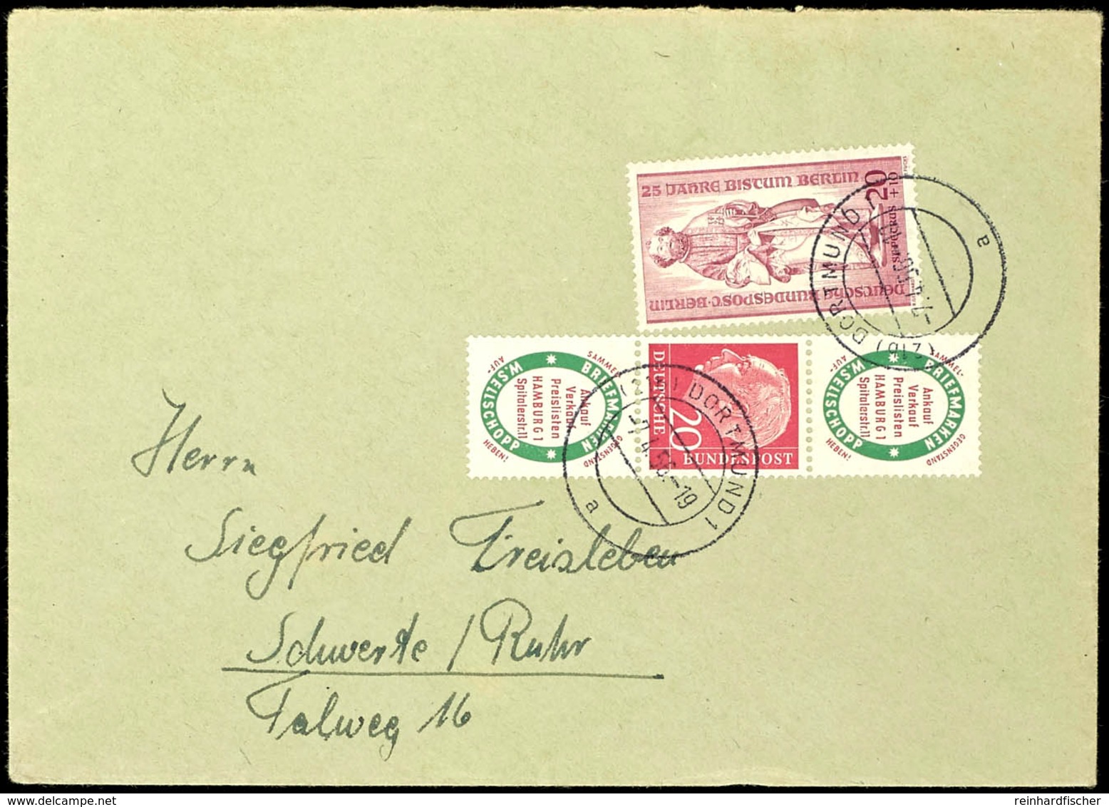 1955 Heuss R1 + 20 + R1, Senkrechter Zusammendruck Mit Zusatzfrankatur 20 Pfennig Auf Portogerechtem Brief Der 2. Gewich - Se-Tenant