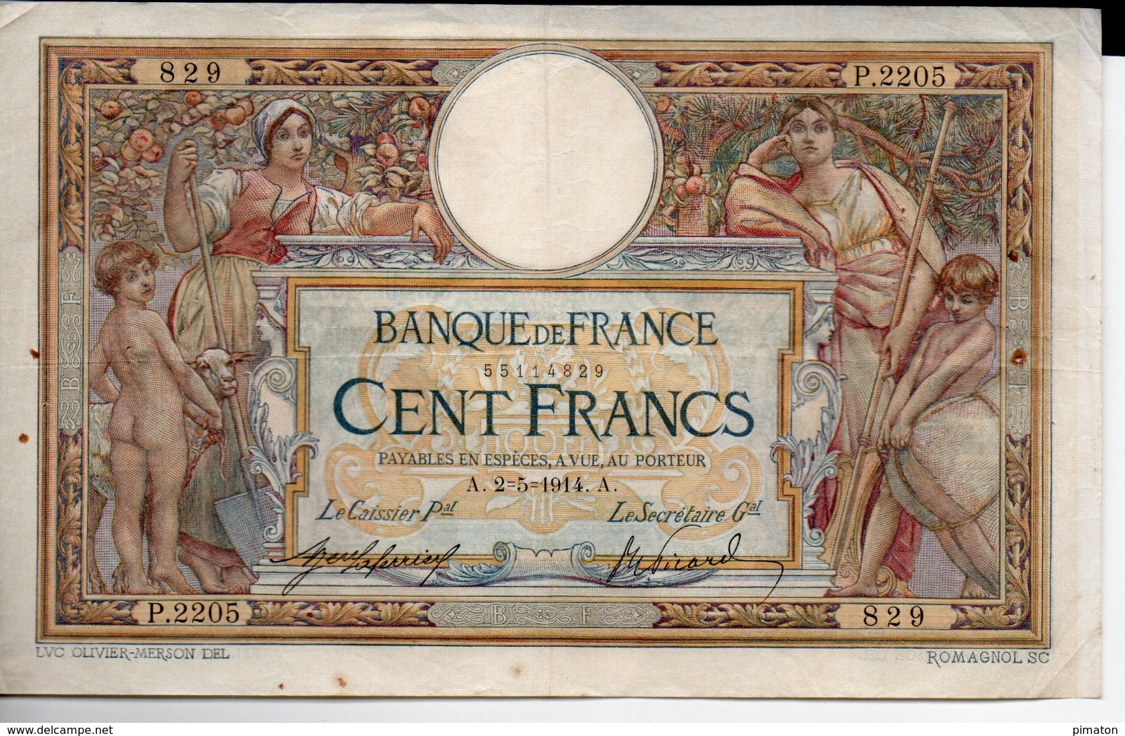 100 FRANCS  2 - 5 - 1914 - 100 F 1908-1939 ''Luc Olivier Merson''