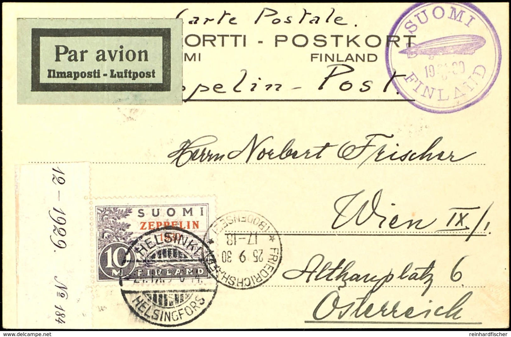 1930, 10 M. Zeppelin, Linkes Randstück Auf Zeppelinkarte Der Ostseefahrt Nach Wien, Geprüft Leder BPP, Katalog: 161 BF - Finnland