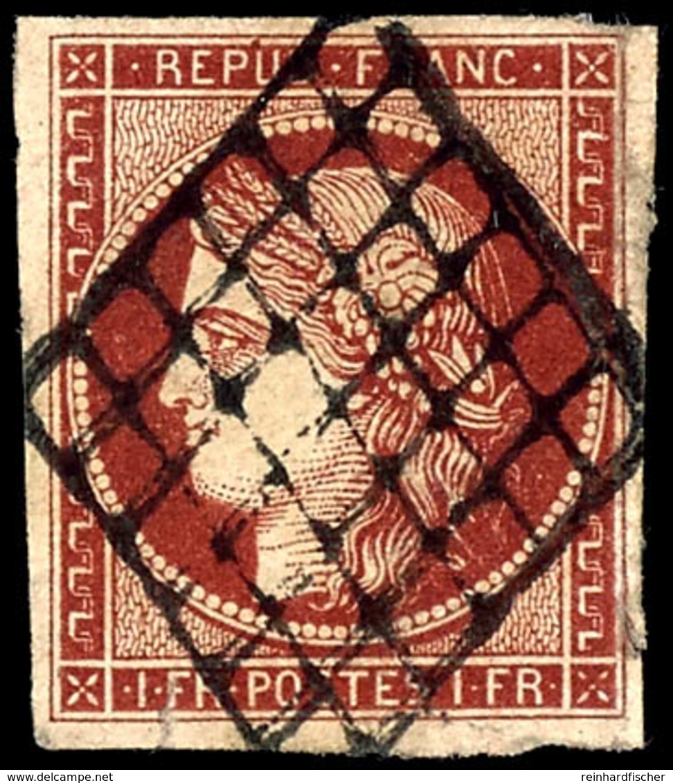 1850, 1 Fr. Ceres Braunkarmin, Zentrisch Gestempelt Mit Rautengitterstempel, Allseits Voll- Bis Breitrandig, Sehr Schön  - Sonstige & Ohne Zuordnung