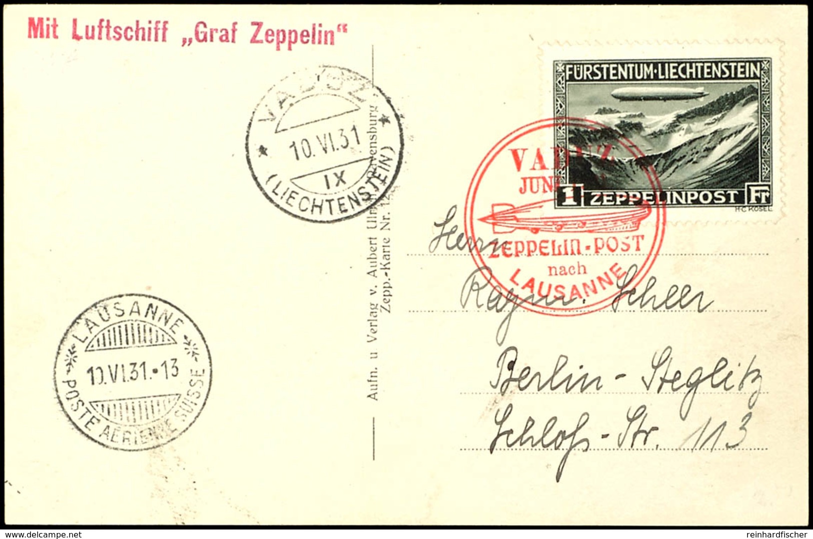 1 Fr. Zeppelin Mit Rotem Sonderstempel Auf Zeppelinkarte Der Lausanne-Fahrt Nach Berlin, Fototattest Leder BPP, Katalog: - Other & Unclassified