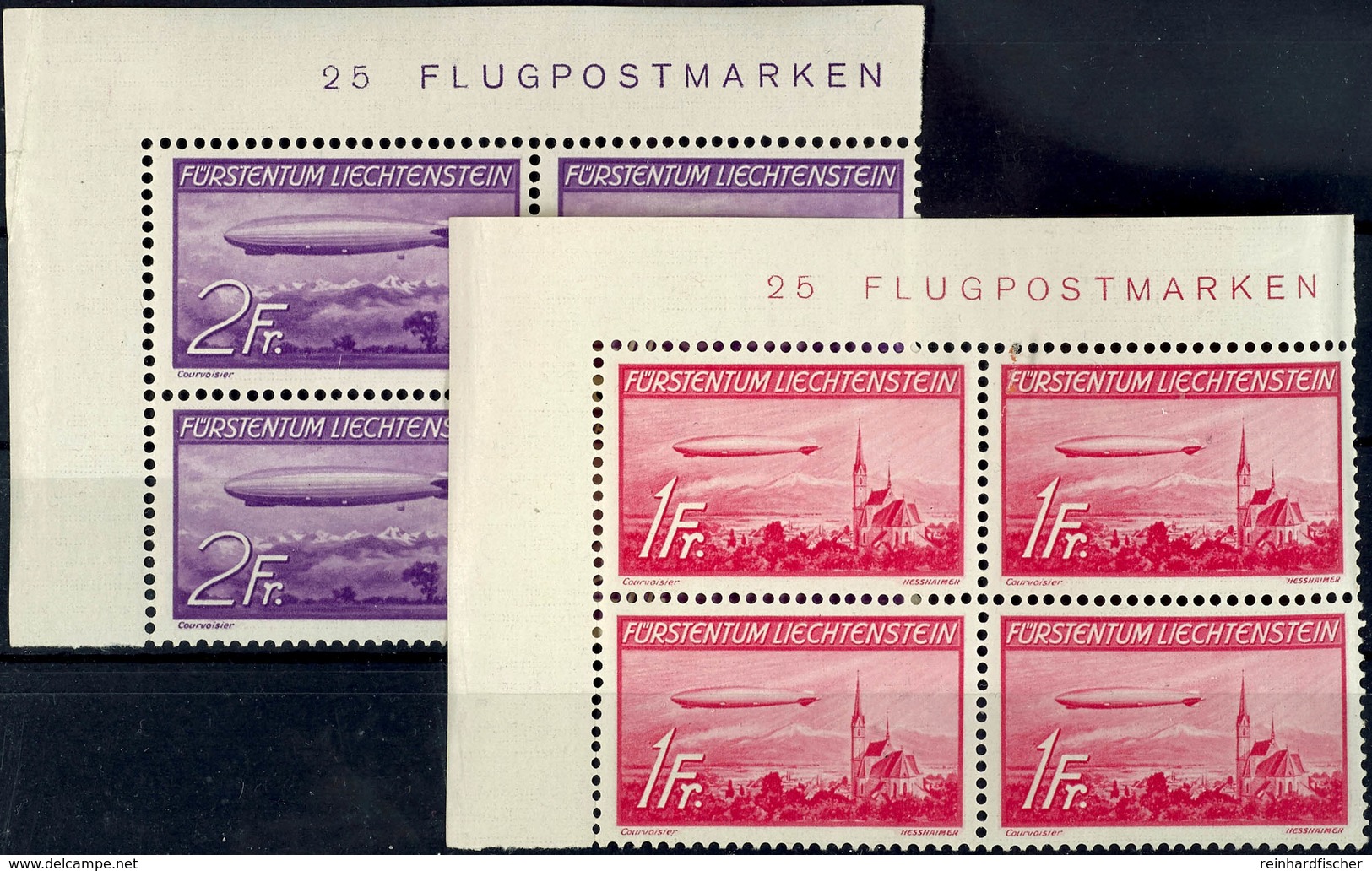1936, 1 Fr. Und 2 Fr. Zeppeline, Flugpostausgabe, Je Im Eckrandviererblock Oben Links, Tadellos Postfrisch, Mi. 1.040.-+ - Other & Unclassified
