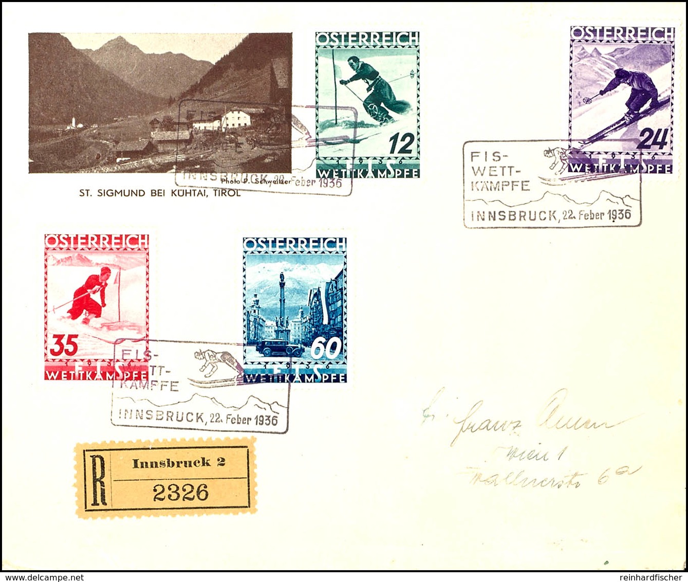 1936, FIS-Wettkämpfe, Kpl. Satz Aus Innsbruck Auf R-Brief Mit Sonderstempel Vom 22.2.36, Katalog: 623/26 BF - Autres & Non Classés