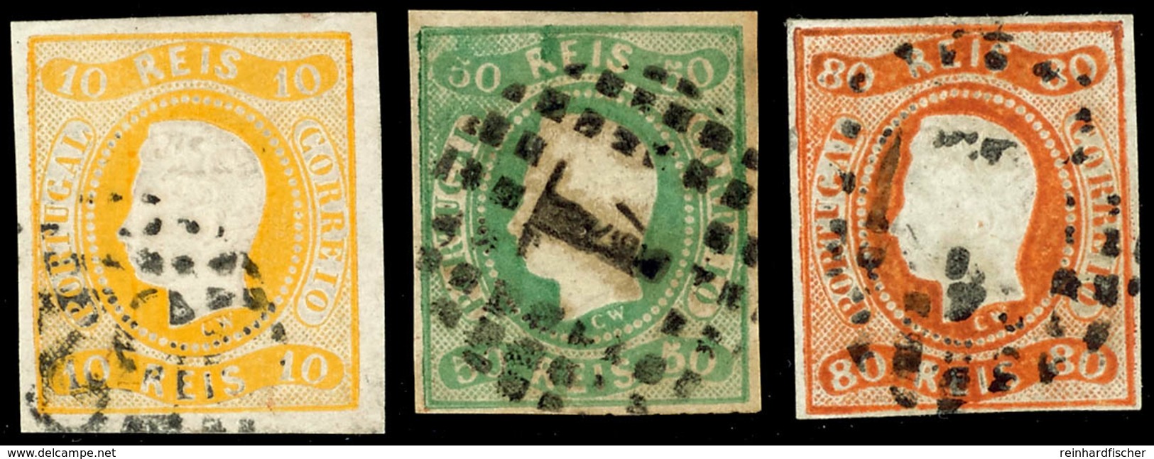 1866, 10 R., 50 R. Und 80 R. Luis I., 3 Tadellose Klar Gest. Und Allseits Vollrandige Werte, Mi. 400,-, Katalog: 18,21/2 - Portogallo