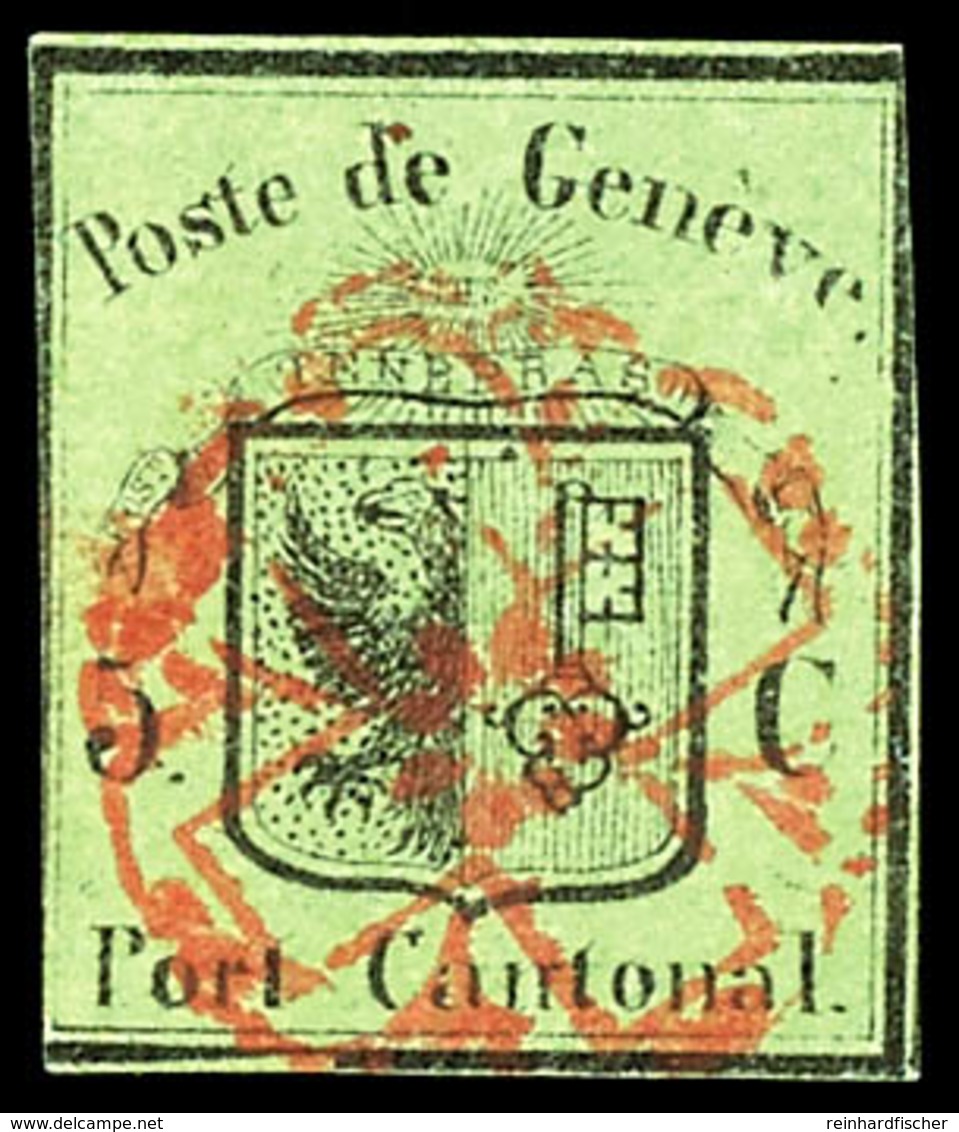 1845, 5 C. Schwarz Auf Lebhaftgelboliv, Zentrisch Gestempelt Mit Roter Rosette, Links Und Oben Rechts In Der Randlinie G - 1843-1852 Federal & Cantonal Stamps