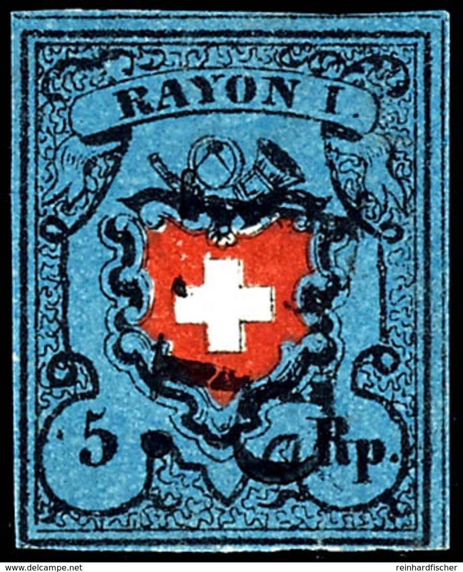 1850, 5 Rp. Rayon I, Dunkelblau Mit Kreuzeinfassung, Type 14, Allseits Vollrandiges Kabinettstück, Klar Gestempelt Mit S - Sonstige & Ohne Zuordnung