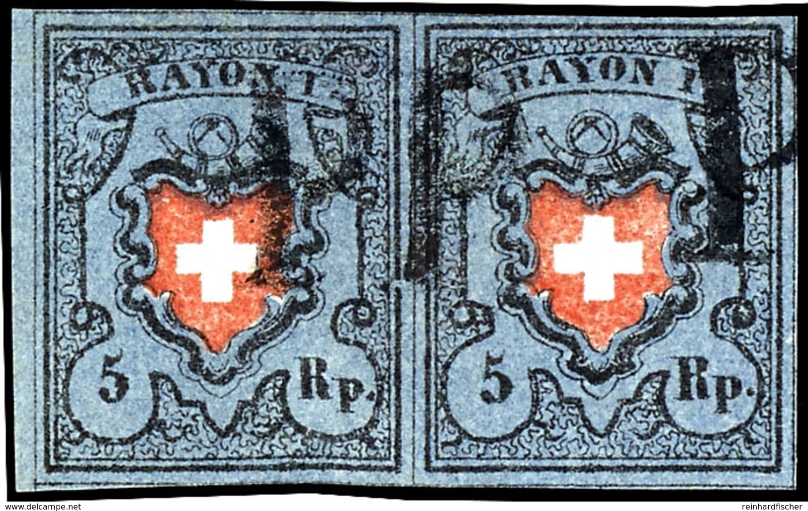 1850, 5  Rp. Rayon I. Ohne Kreuzeinfassung, Abart  "sehr Dünnes Papier, Waagerechtes Paar Der Typen 25 Und 26, Farbfrisc - Other & Unclassified