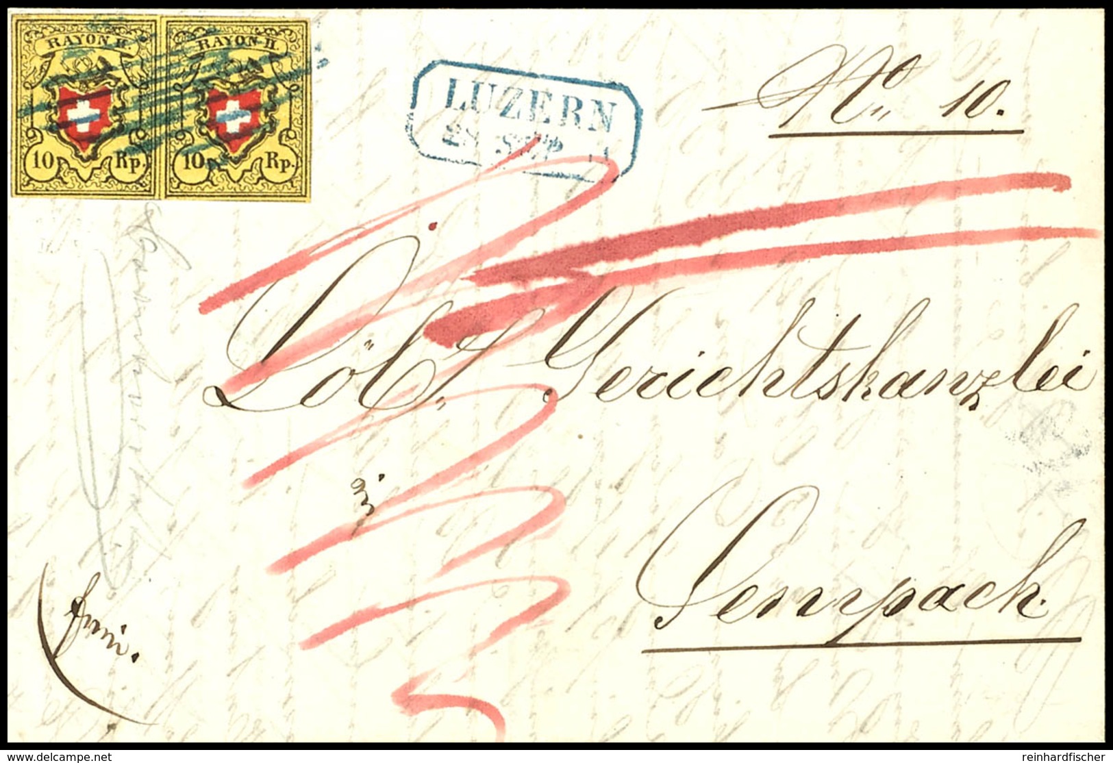 1850, 10 Rp. Rayon II Ohne Kreuzeinfassung, Waagerechtes Paar Der Type 29 Und 30 Von Druckstein D (LU), Als Portogerecht - Other & Unclassified