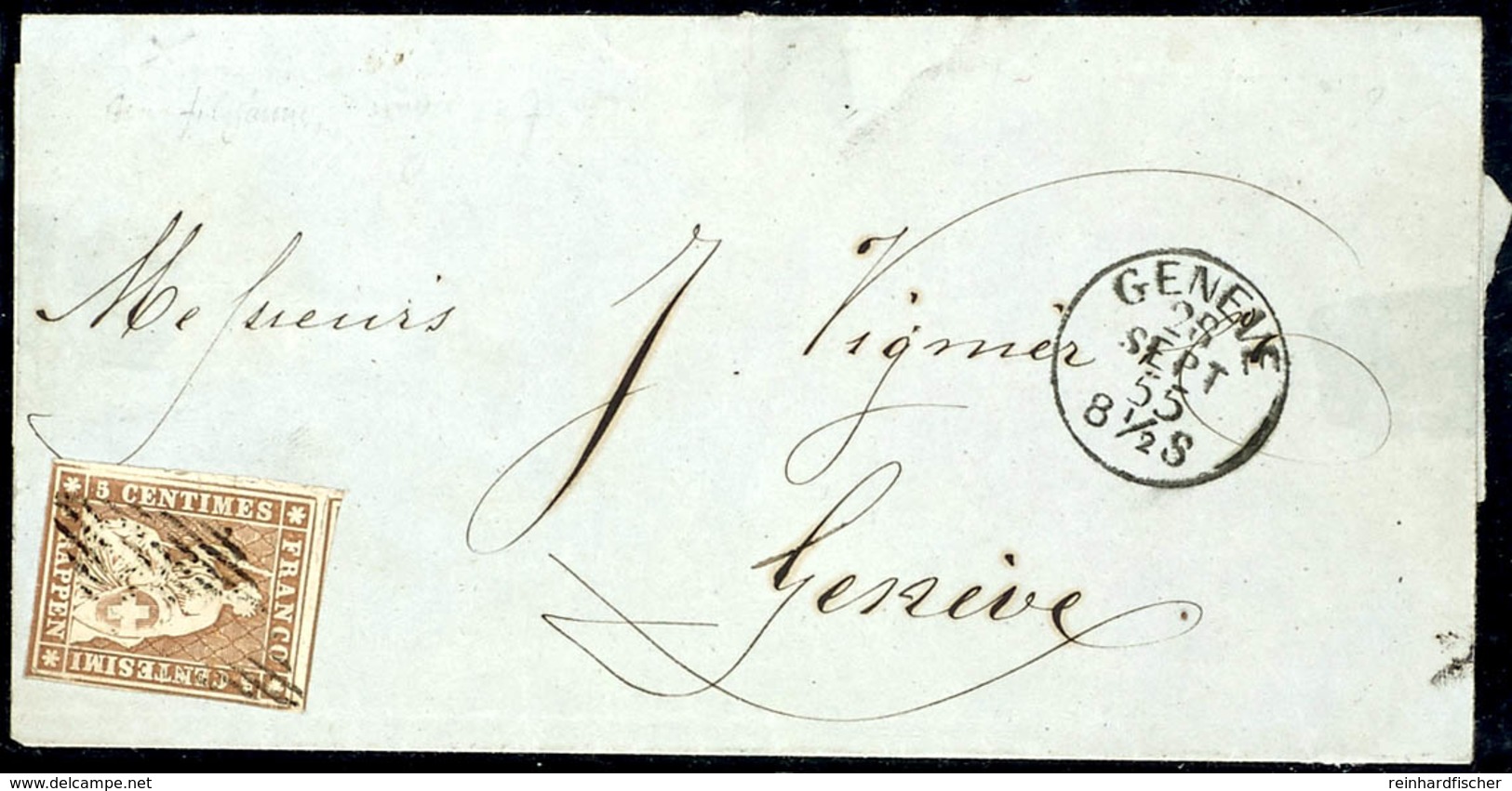 1854, 5 Rp Sitzende Helvetia Braun, Berner Druck, 2. Periode, Mit Gelben Seidenfäden Mit Kleinem Bogenrand Unten, Intere - Sonstige & Ohne Zuordnung