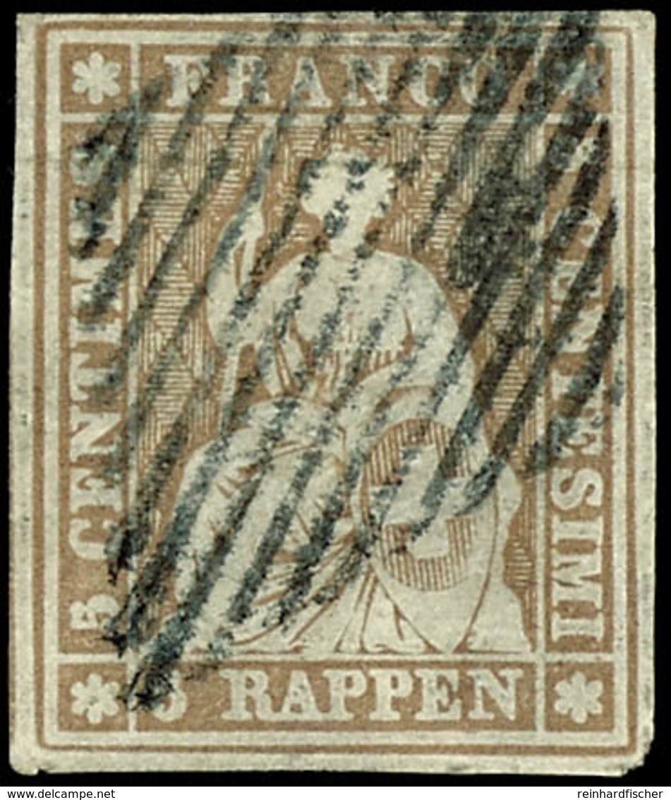 1854, 5 Rp. Berner Druck, Braun, Grüner Seidenfaden, Weißrandiger Schnitt, Entwertet Mit Schwarzer Eidg. Raute, Außerhal - Other & Unclassified