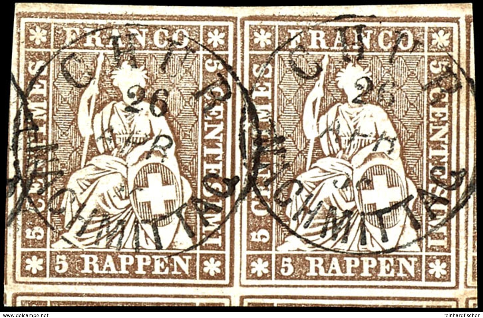 1854, 5 Rp. Sitzende Helvetia, Braun, Waagerechtes Paar, Allseits Weißrandig - Unten Und Rechts Mit Teilen Der Nebenmark - Sonstige & Ohne Zuordnung