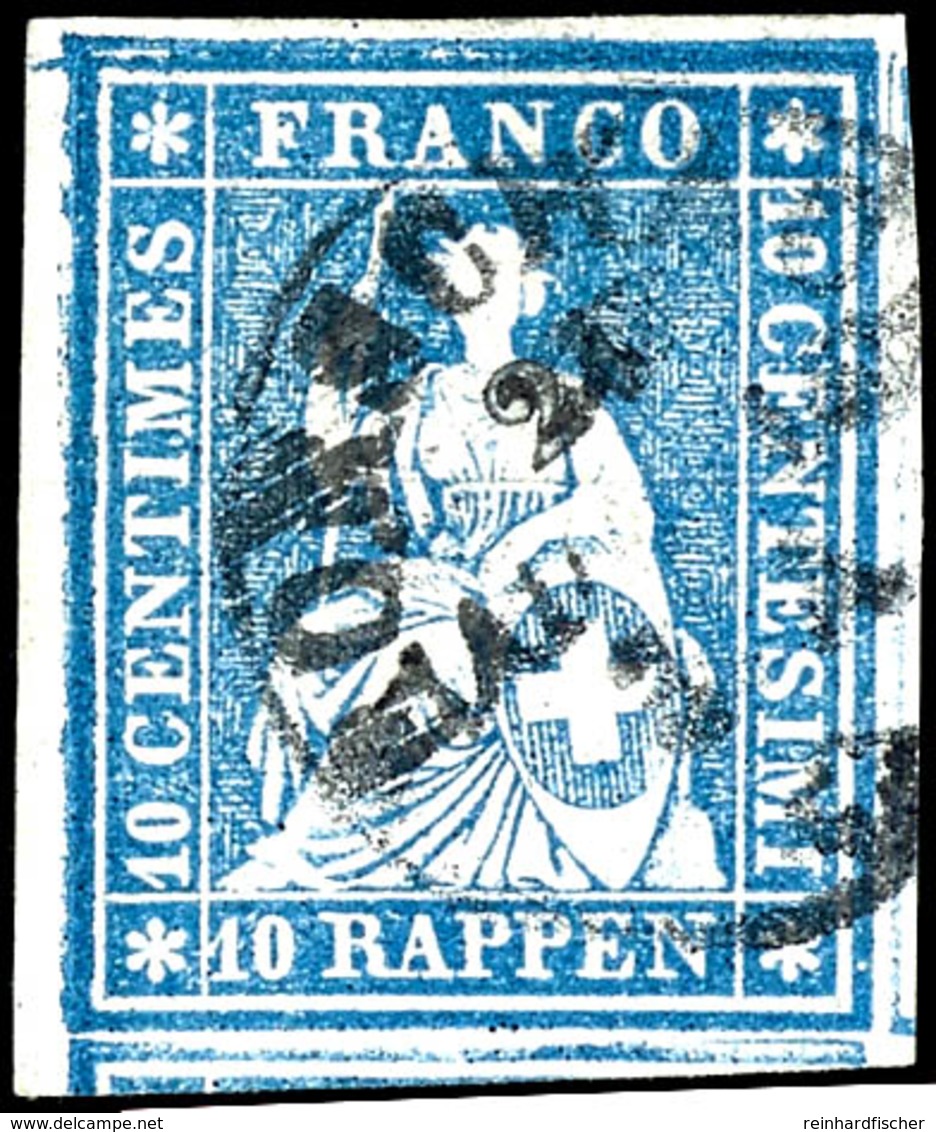 1855, 10 Rp. Sitzende Helvetia Blau, Weißrandiges Kabinettstück Mit Entwertung Durch Ortsstempel "RORSCHACH", Fotoattest - Other & Unclassified