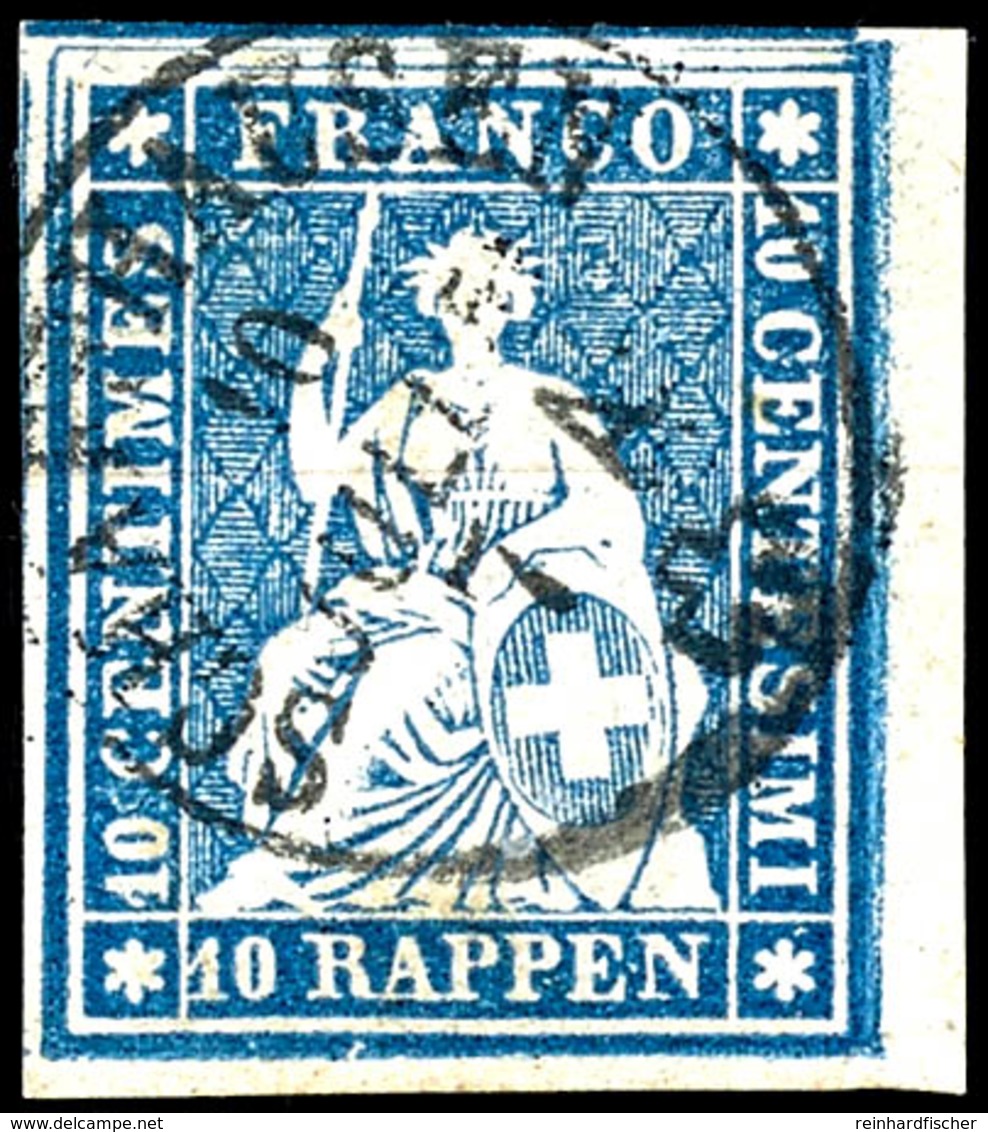 1855, 10 Rp. Sitzende Helvetia Blau, Weißrandiges Kabinettstück Vom Eckrand Unten Rechts Mit Entwertung Durch Ortsstempe - Other & Unclassified