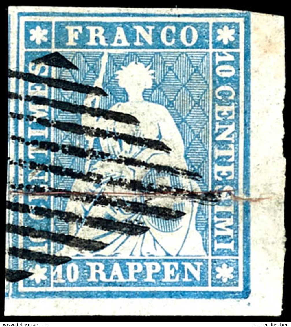 1856, 2 Rp. Sitzende Helvetia, Grünlichblau, Hellroter Seidenfaden, Vollrandiges Und Farbfrisches Exemplar Vom Eckrand U - Other & Unclassified