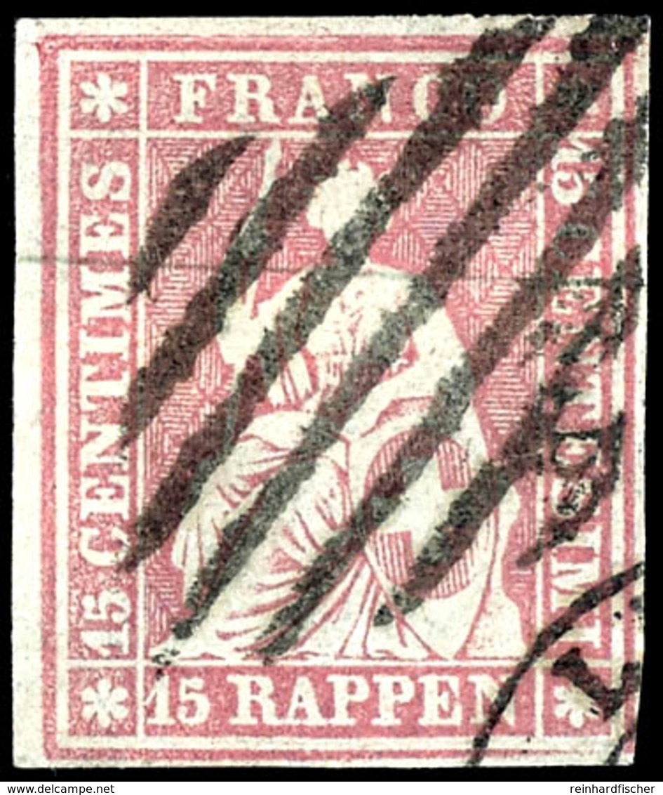 1857, 15 Rp. Sitzende Helvetia, Mattrosa, Weißrandiges Kabinettstück Von Der Bogenecke Oben Links, Entwertet Mit Schwarz - Altri & Non Classificati