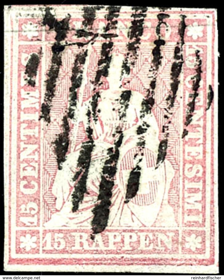 1857, 15 Rp. Sitzende Helvetia, Mattrosa, Weißrandiges Kabinettstück, Entwertet Mit Schwarzer 9-liniger Raute, Fotoattes - Autres & Non Classés