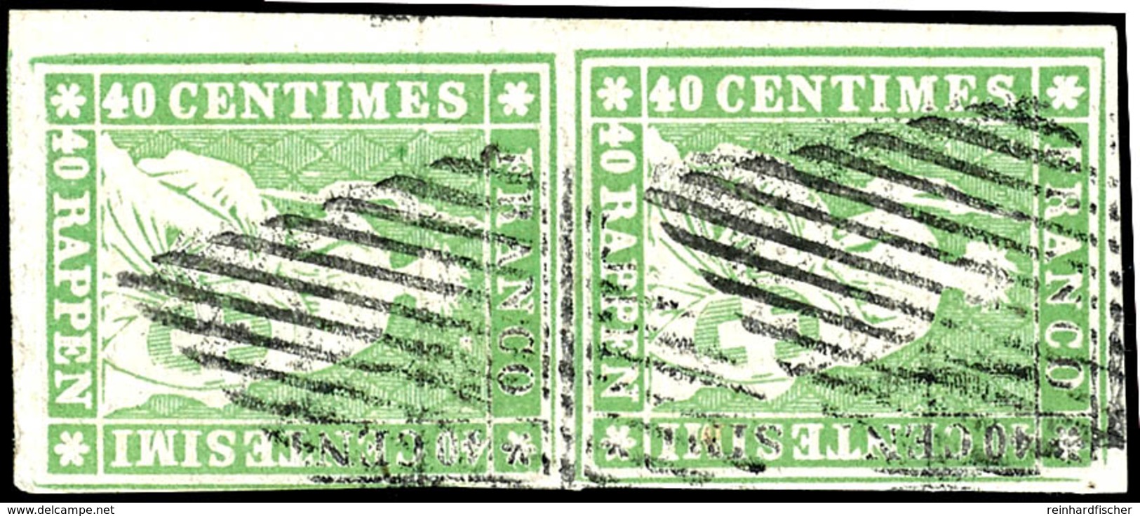 1855, 40 Rp. Grünlicholiv, Senkrechtes Paar, Weißrandiges Und Farbfrisches Kabinettstück Aus Der Bogenecke Unten Links,  - Other & Unclassified