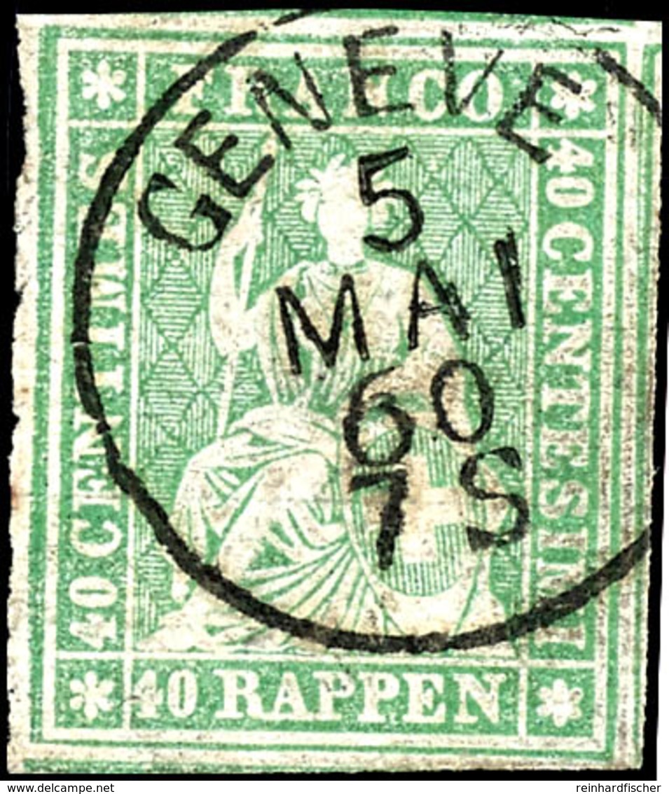 1857, 40 Rp. Sitzende Helvetia, Grün, Voll- Bis Weißrandiges Kabinettstück Vom Linken Bogenrand, Klar Gestempelt "GENEVE - Sonstige & Ohne Zuordnung