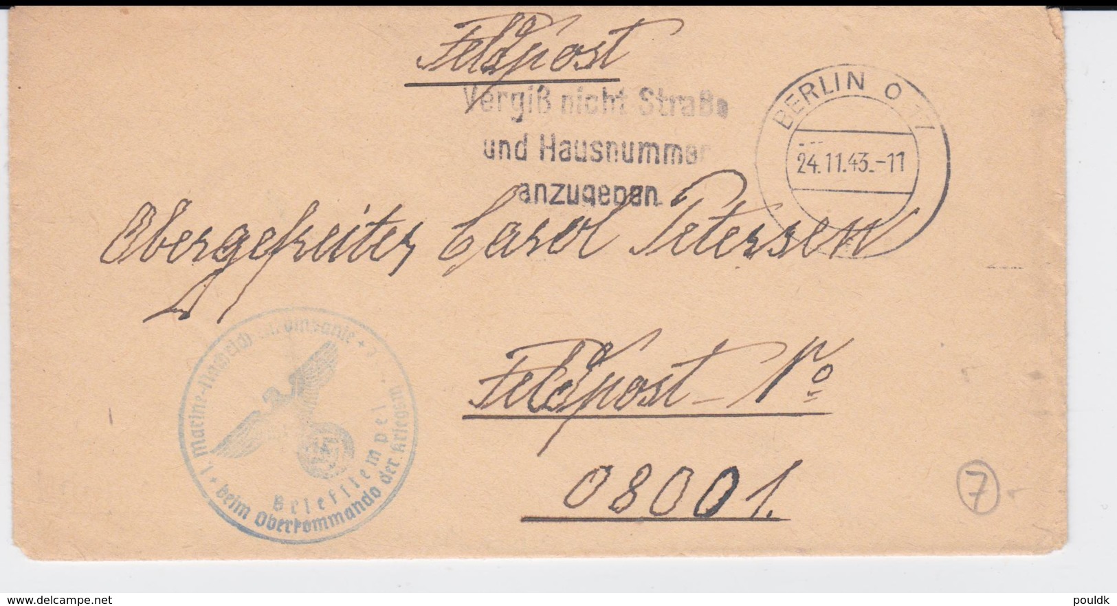 German Feldpost WW2: To Marine-Nachrichten-Offizier  Hjorring (Jutland) In Denmark FP 08001 From A 1. Marine- - Militaria