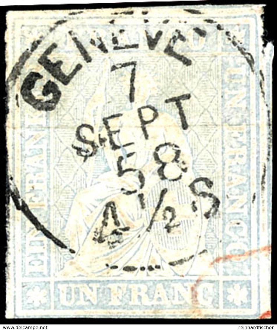 1856, 1 Fr. Sitzende Helvetia, Grau, Vollrandiger Schnitt, Klar Gestempelt "Geneve 7 Sept 58", Fotobefund Berra-Gautysch - Other & Unclassified