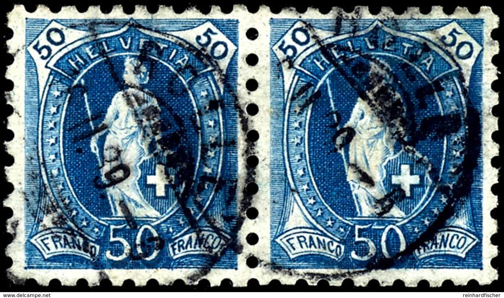 1888, 50 C. Stehende Helvetia Blau, Zähnung B, Kontrollzeichen 1X, Waagerechtes Paar, Tadellos Gestempelt "ROLLE 16.II.8 - Altri & Non Classificati