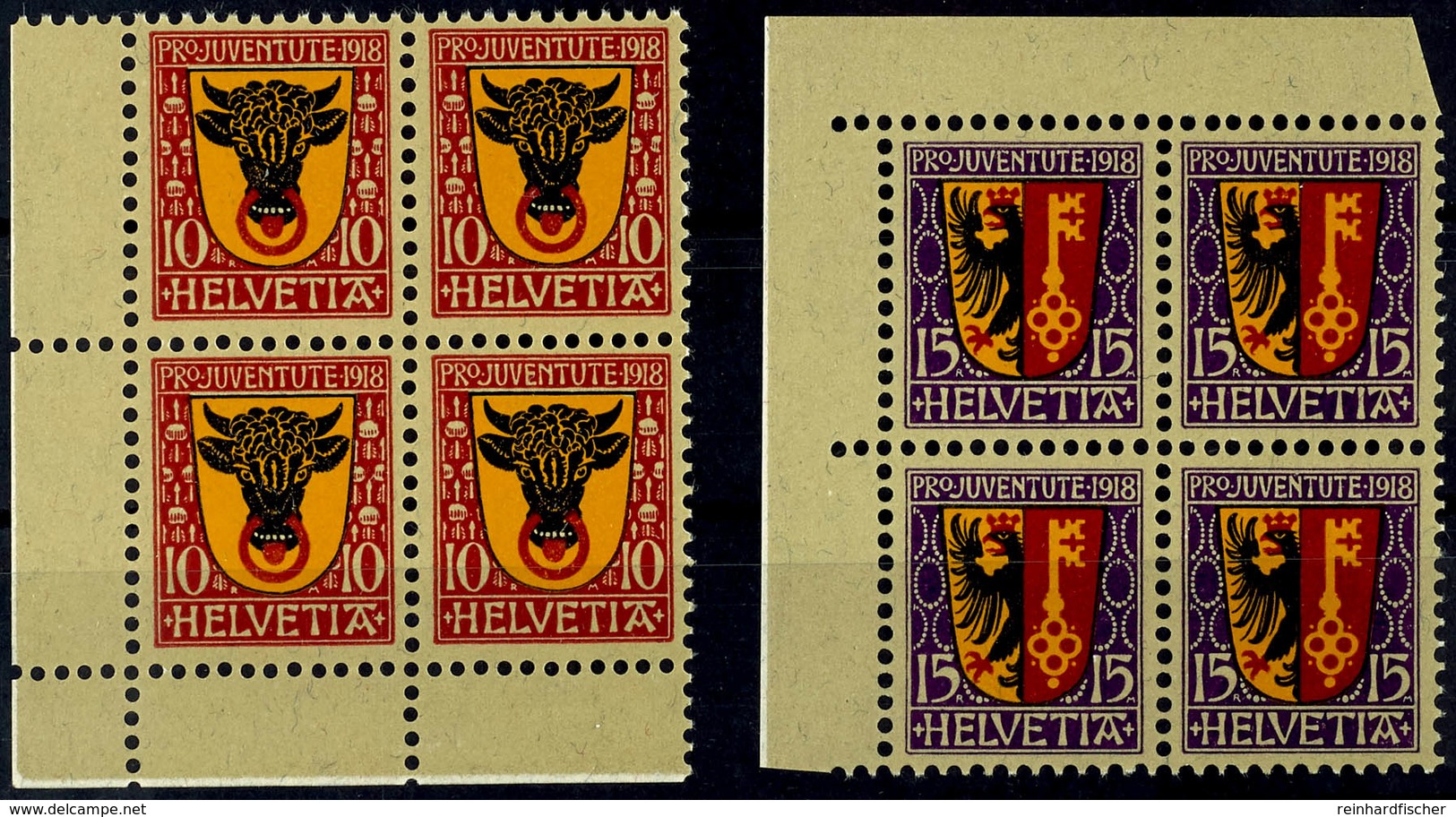 1918, 10 U. 15C. Pro Juventute, Postfrische 4-er Blocks Vom Bogenrand, Mi. 240,- +, Katalog: 143/44 ** - Autres & Non Classés