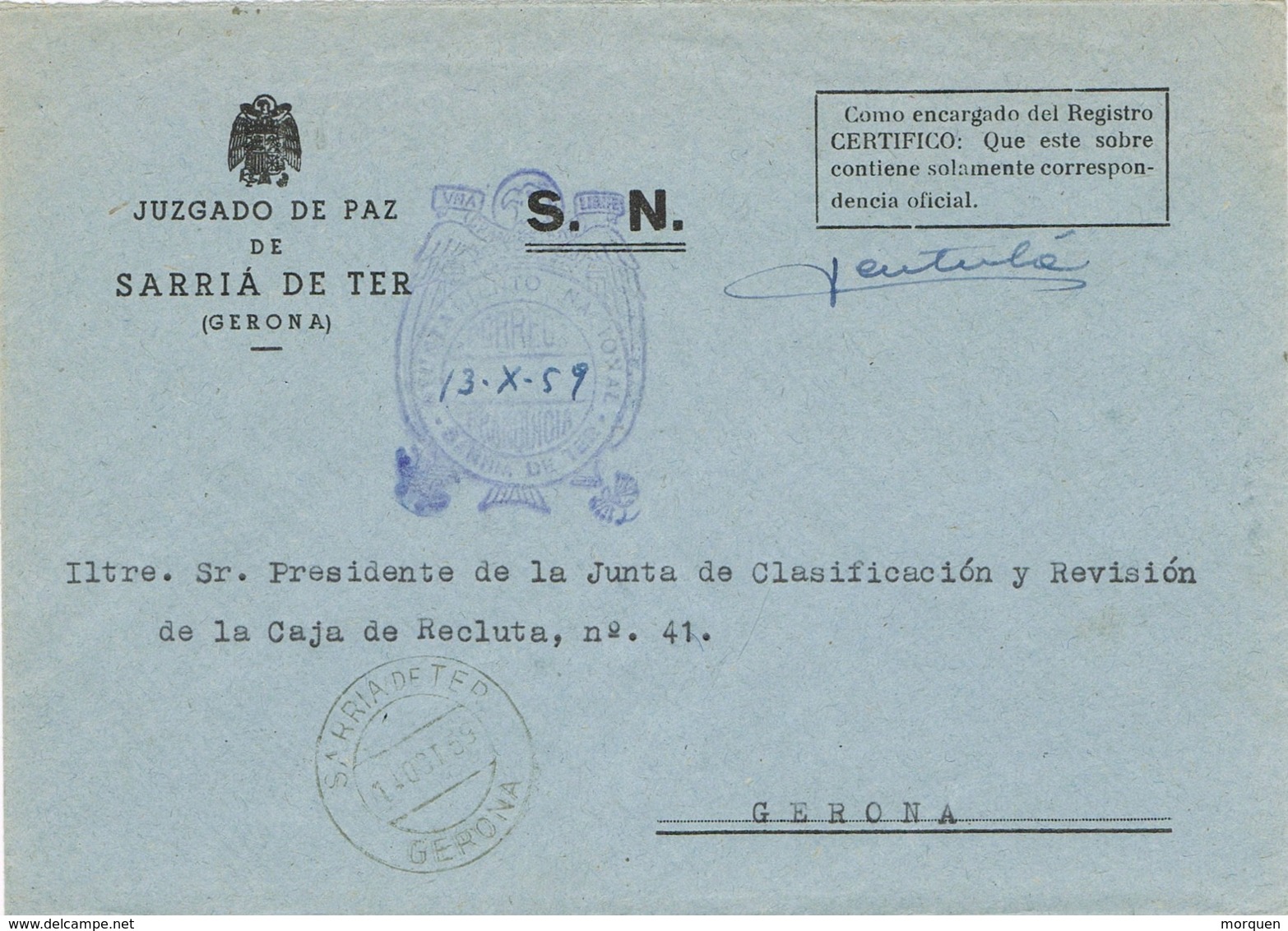 34559. Carta S.N. Franquicia Juzgado De Paz SARRIA De TER (Gerona) 1959. Fechador Sarriá - Cartas & Documentos