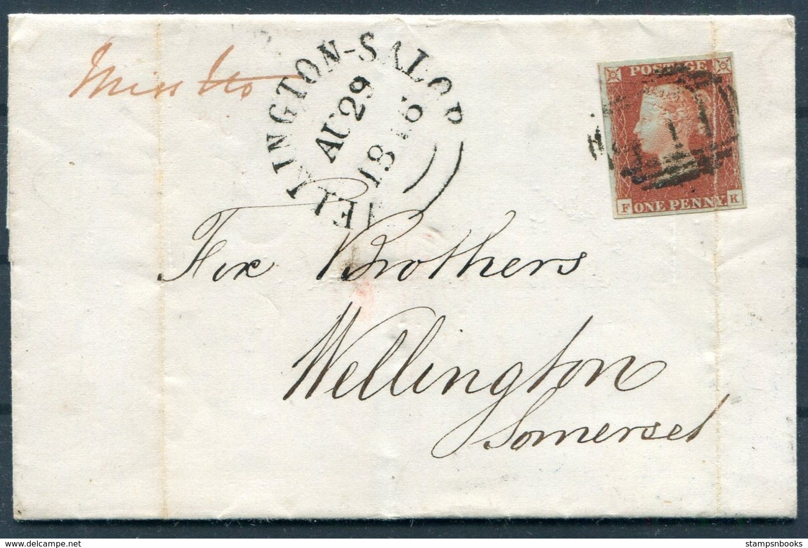 1846 GB 1d Red (FK) Wrapper Kendal Cumbria - Wellington Somerset. Missent Wellington Shropshire Salop. 117 Mileage Mark - Storia Postale