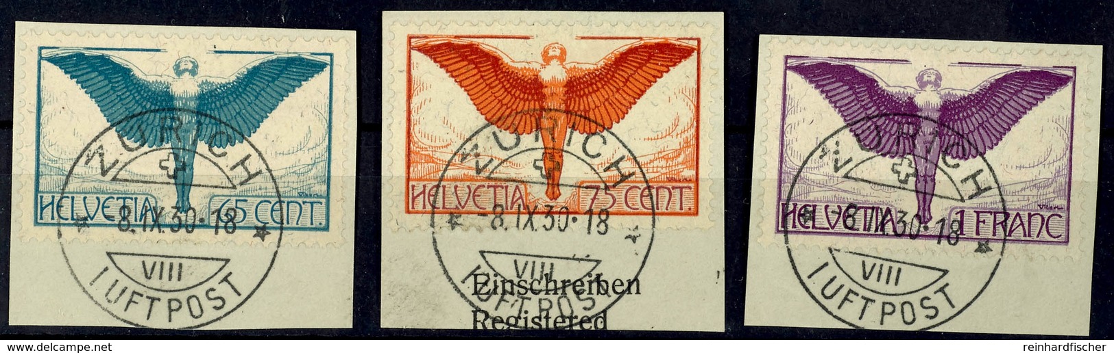 1924, 65 C. Bis 1 Fr. Flugpost, X-Papier, Kompletter Satz Mit Drei Werten, Tadellos Gestempelt "Zürich Luftpost 8.IX.30" - Autres & Non Classés