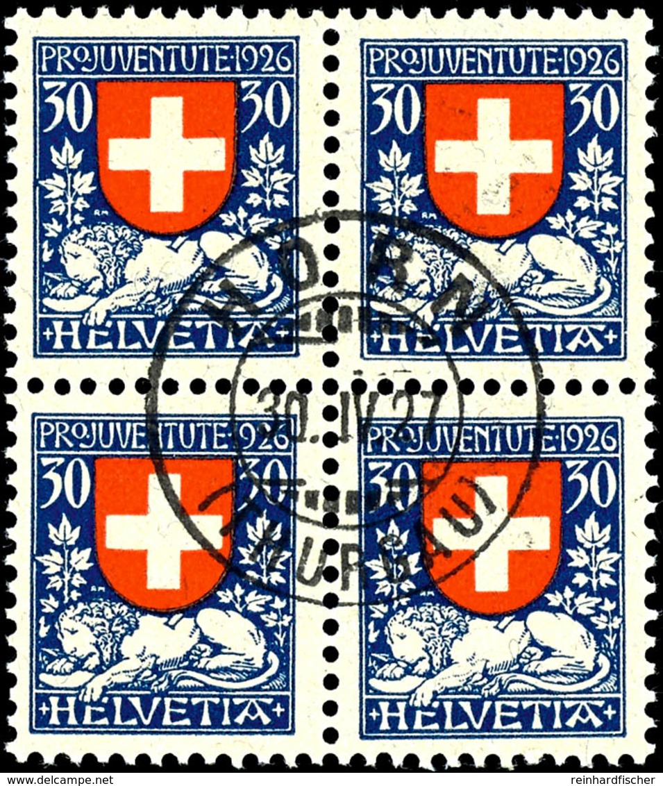 1926, 5 C. Bis 30 C. Pro Juventute, Viererblocksatz, Jeder Wert Zentrisch Gestempelt "HORN 30. IV 27", Fotoattest Linige - Autres & Non Classés