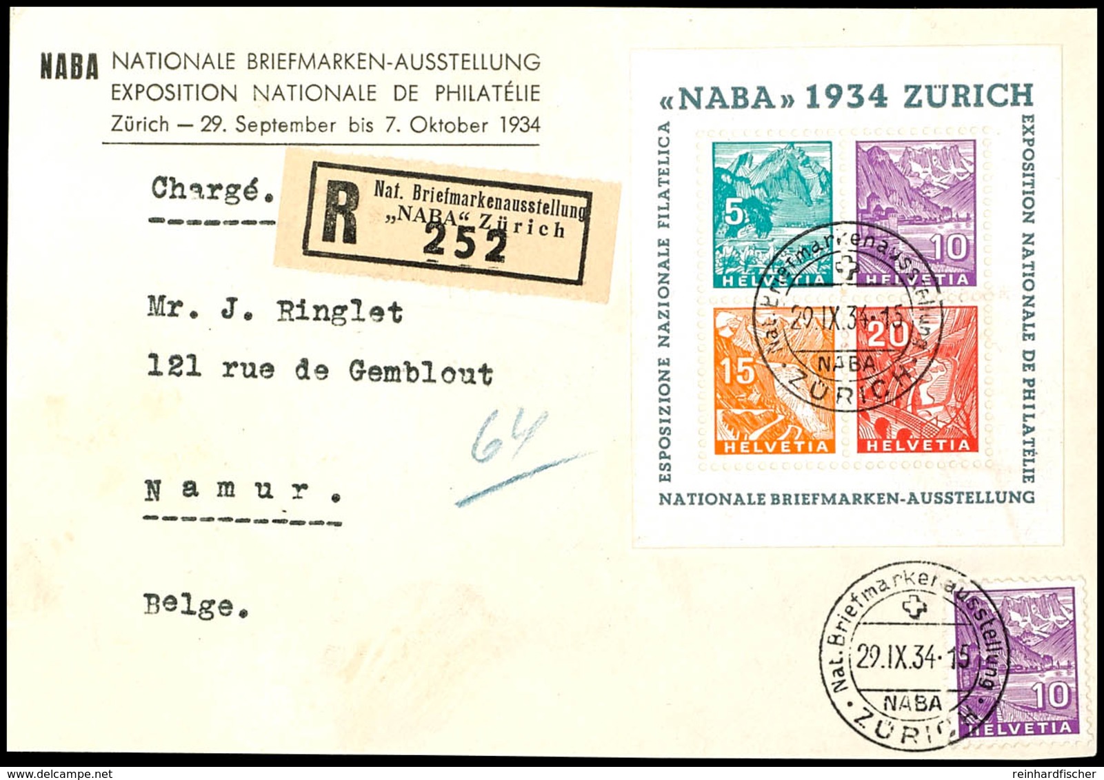 1934, Blockausgabe "NABA 1934, Zürich" In Mischfrankatur Mit 10 C. Freimarke Als Tarifgerechtes Porto Auf R-Brief-Vorder - Other & Unclassified