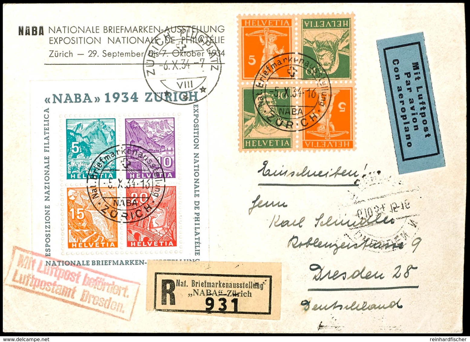 1934, Blockausgabe "NABA 1934, Zürich" In Mischfrankatur Mit Freimarken Auf Luftpost-R-Brief Von Zürich Nach Dresden, Rü - Sonstige & Ohne Zuordnung