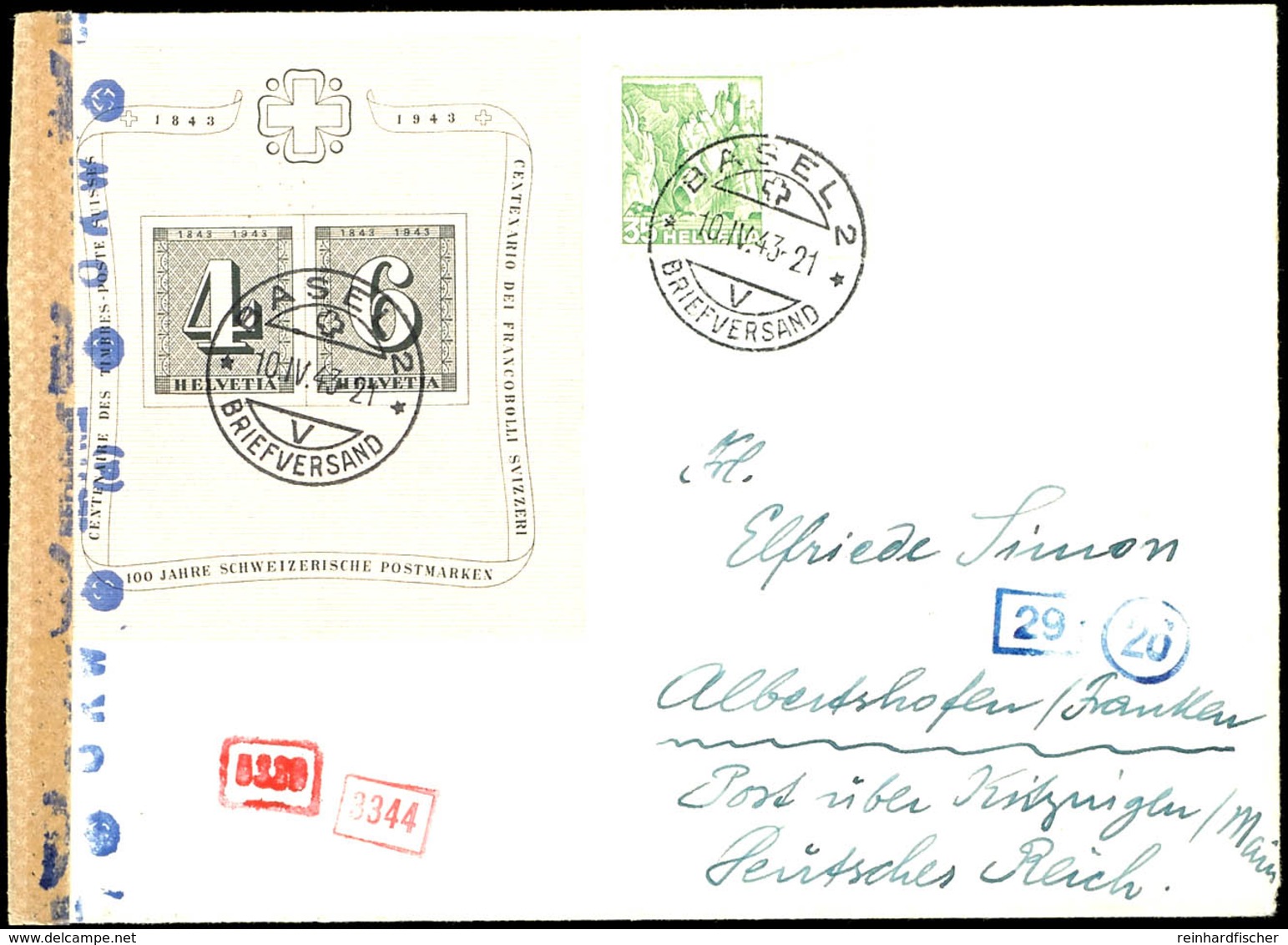 1943, Blockausgabe "100 Jahre Schweizerische Briefmarken" In Mischfrankatur Mit 35 C. Freimarke Auf Zensurbrief Von "BAS - Autres & Non Classés