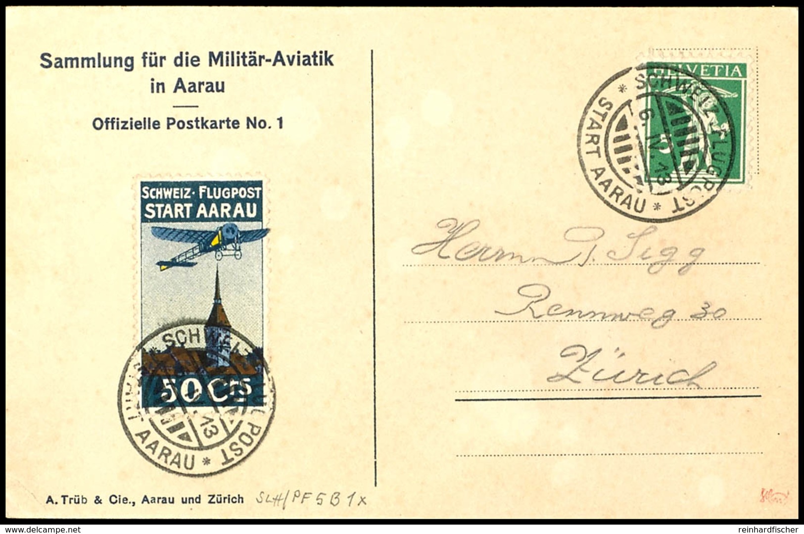 1913, 50 C. Flugpost Aarau -.Olten Oder Aarau - Lenzburg Auf Karte Mit 5 C. Tellknabe Und Entwertung "Schweiz Flug Start - Other & Unclassified