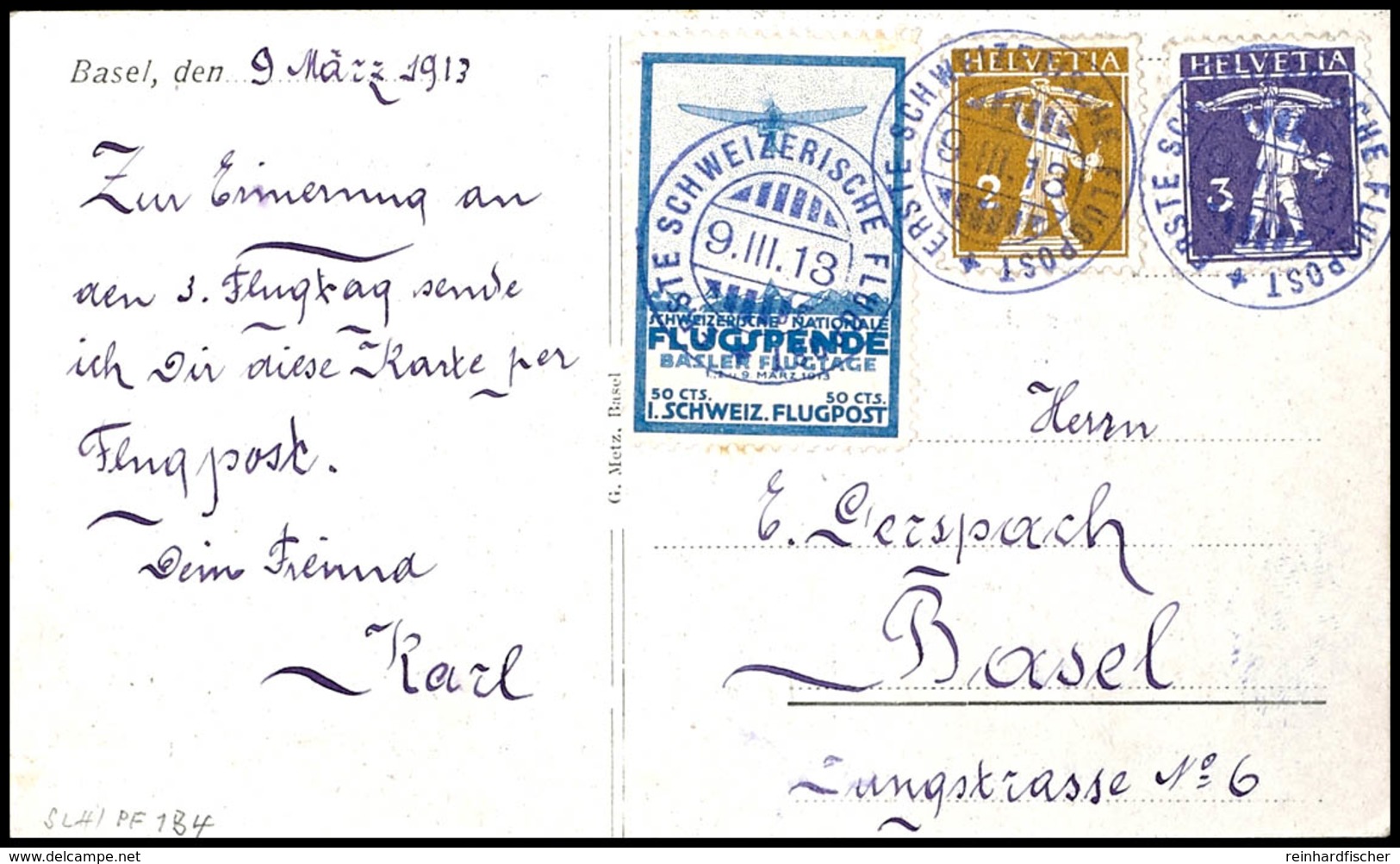 1913, 50 Cts. Flugpost Basel - Liestal In Mischfrankatur Mit 3 Cts. Und 2 Cts. Tellknabe Auf Karte Mit Entwertung "Erste - Altri & Non Classificati