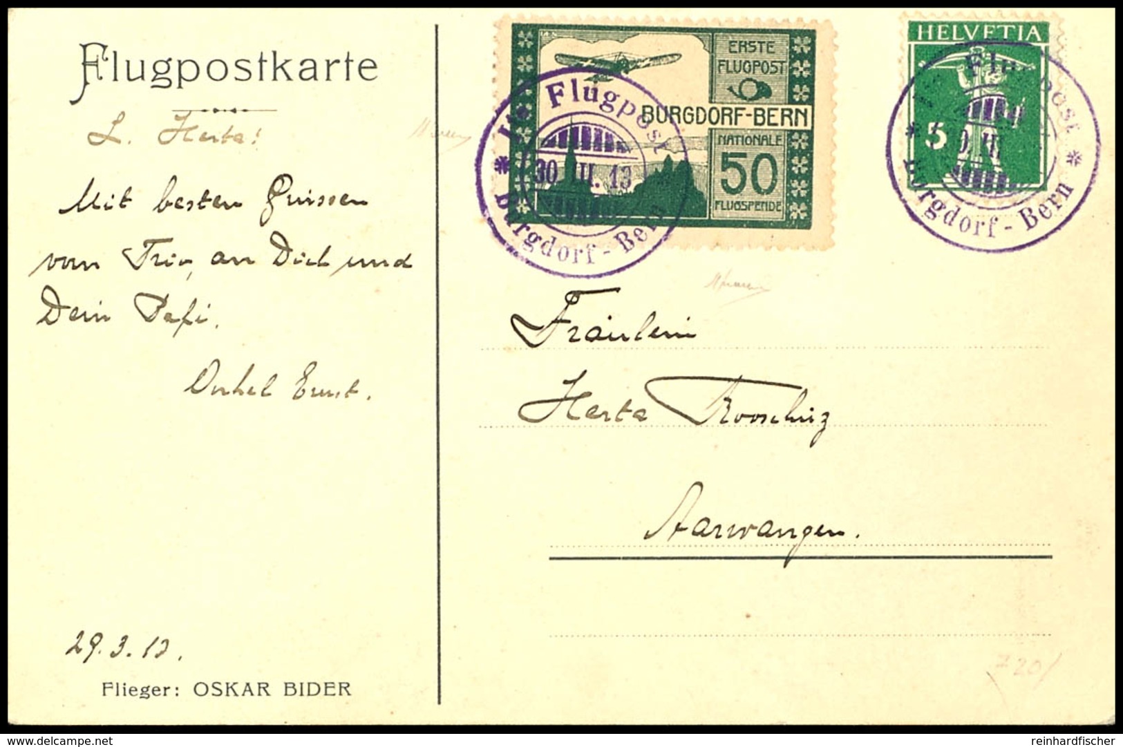 1913, 50 C. Flugpost Burgdorf - Bern Auf Karte Mit 5 C. Tellknappe Und Entwertung "1te Flugpost Burgdorf - Bern 30.III.1 - Other & Unclassified