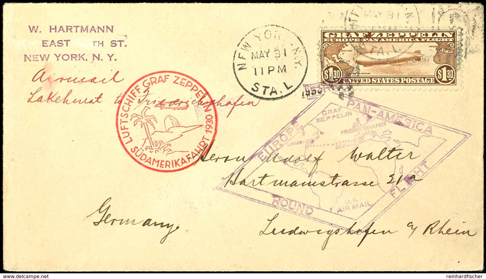 1,30 Dollar Zeppelin Auf Brief Der Südamerikafahrt Nach Ludwigshafen, Katalog: 327 BF - Other & Unclassified