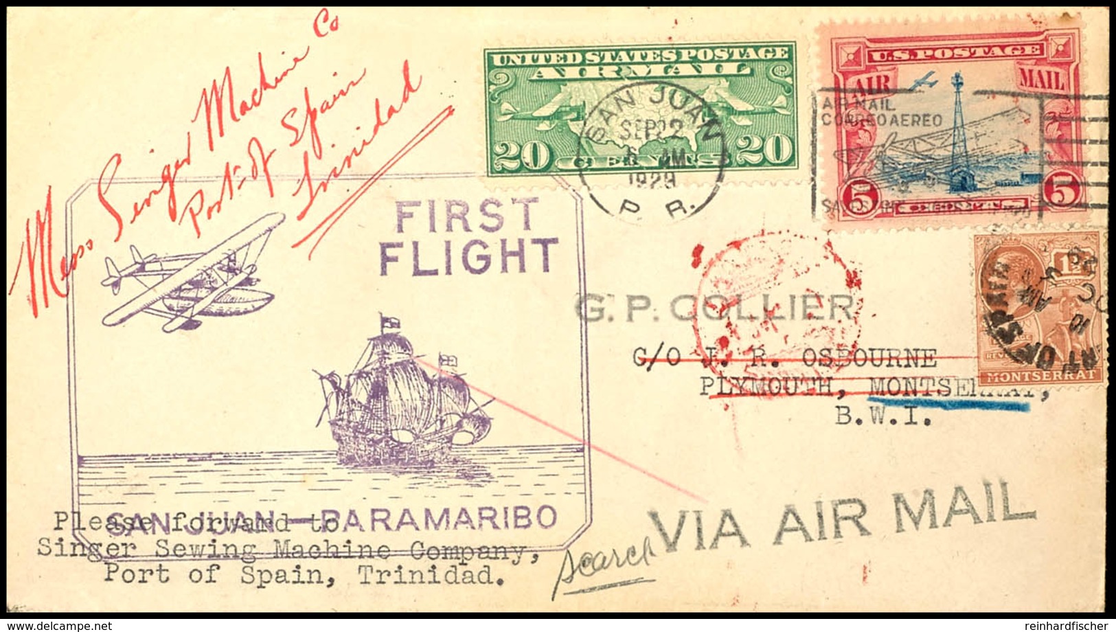 1929, 2.9, Erstflug San Juan - Paramaribo, Brief Mit Entsprechender Frankatur Und Sonder-Cachet Mit Weiterflug Ab PORT O - Other & Unclassified