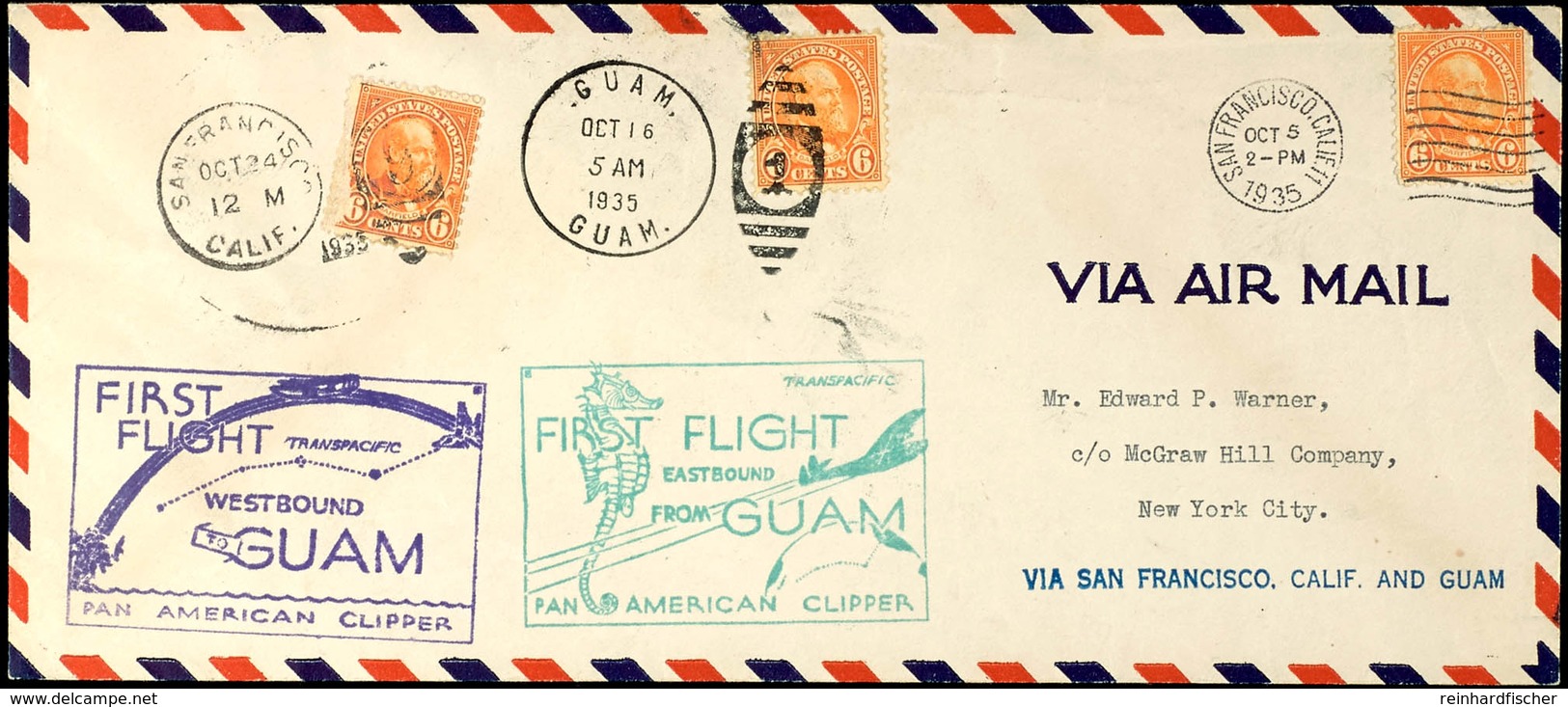 1935, PAN-AM American Clipper Erstflug San Francisco - Guam - San Francisco, Brief Mit Drei Aufgabestempeln Und Frankatu - Sonstige & Ohne Zuordnung