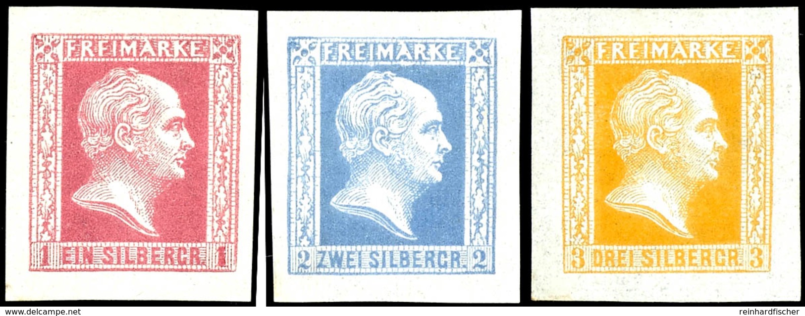 Nachdrucke Aus Januar 1864, 1 Sgr. Lebhaftkarmin, 2 Sgr. Hellviolettultramarin Und 3 Sgr. Dunkelorangegelb, Je Als Farbf - Other & Unclassified