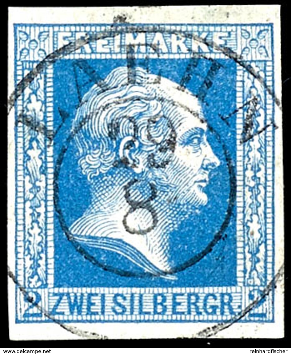 2 Sgr. Blau, Gegitterter Grund, Farbintensives Und Allseits Vollrandiges Luxusstück, Klar Und Zentrisch Entwertet Mit K2 - Autres & Non Classés