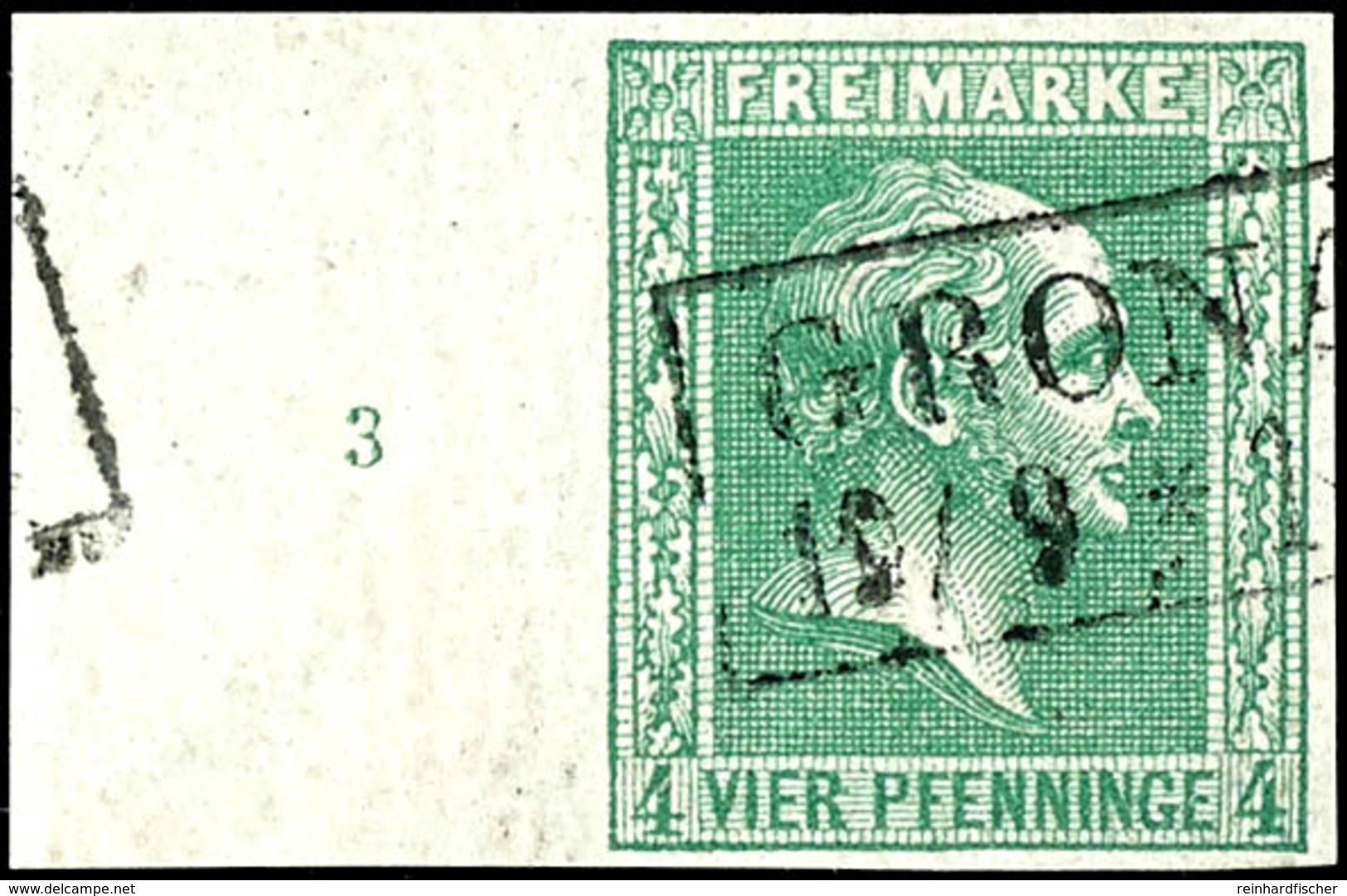 4 Pfennige Grün, Gegitterter Grund, Farbfrisches Und Vollrandiges Kabinettstück Vom Linken Bogenrand Mit Reihenzahl "3", - Sonstige & Ohne Zuordnung