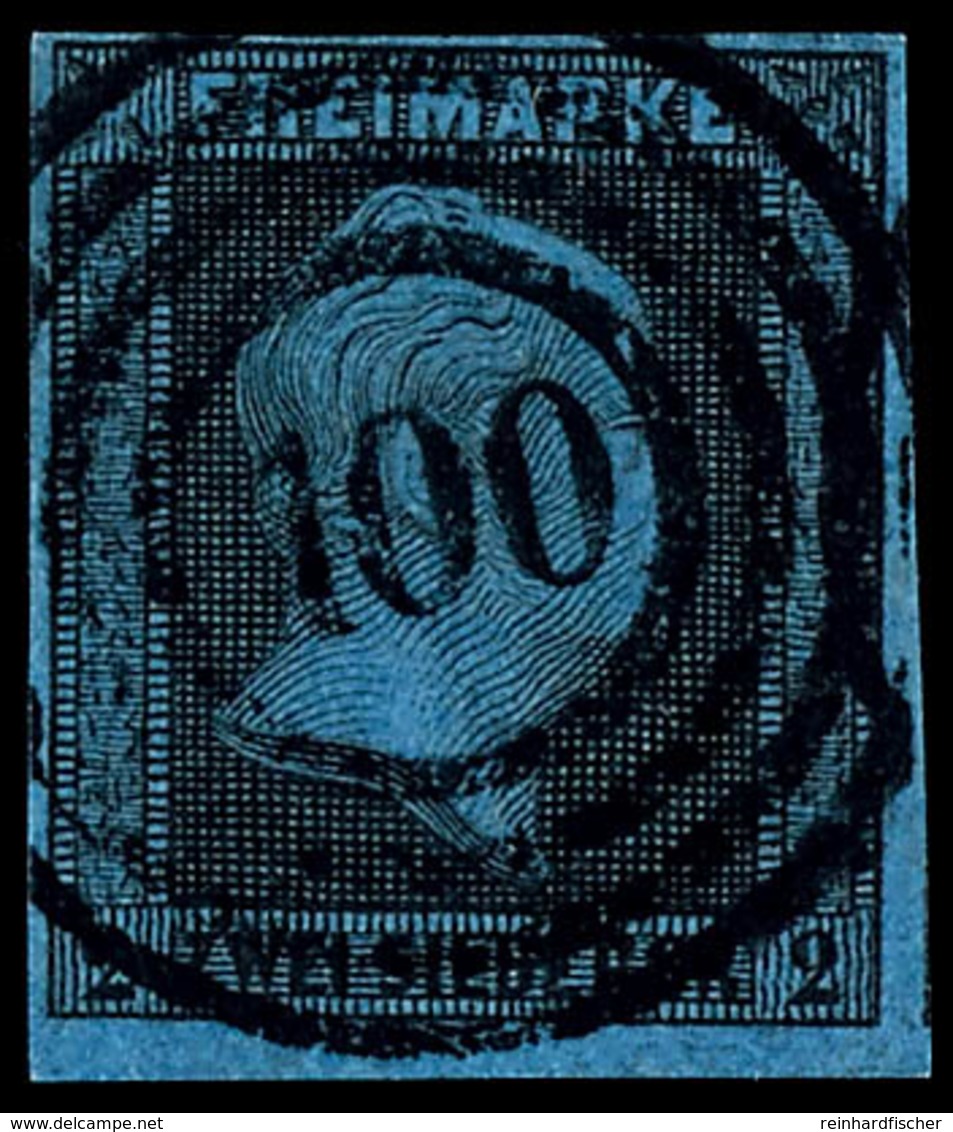 "100" - Bergen A. Rügen (Reg.-Bez. Stralsund), Klar Und Zentrisch Auf Kabinettstück 2 Sgr. Schwarz Auf Blau, Katalog: 3  - Other & Unclassified