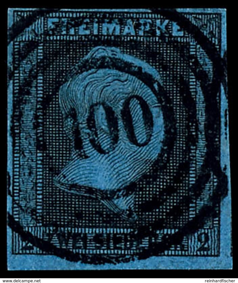 "100" - Bergen A. Rügen (Reg.-Bez. Stralsund), Klar Und Zentrisch Auf Kabinettstück 2 Sgr. Schwarz Auf Blau, Katalog: 3  - Autres & Non Classés