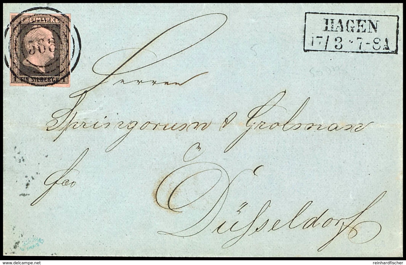 "568" - Hagen (i. Westfalen) (reg.-Bez. Arnsberg), Klar Auf Brief Mit Kabinettstück 1 Sgr. Schwarz Auf Rosa, Nebengesetz - Other & Unclassified