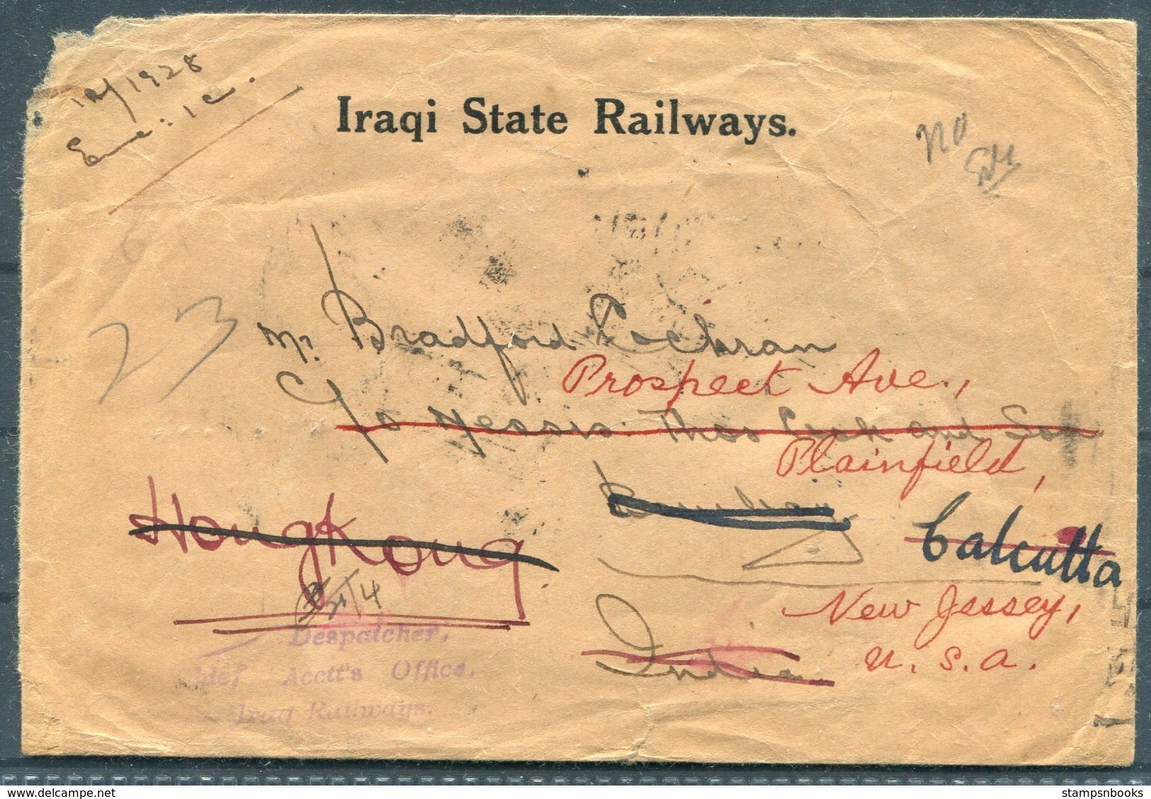 1938 Iraqi State Railways Cover - Thomas Cook Offices, Bombay/Calcutta Redirected Via Thomas Cook Hong Kong - NJ USA - Iraq