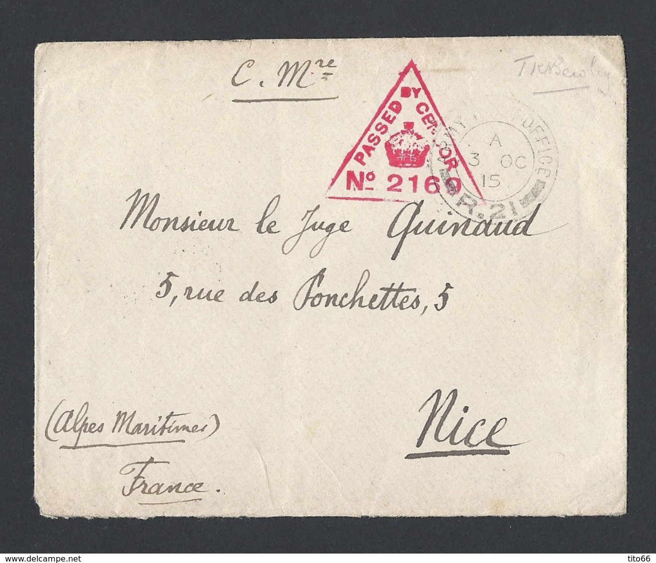 Guerre 14-18 Enveloppe Army Post Office R.21 Vers Nice Du 3/10/1915 Avec Censure - WW I